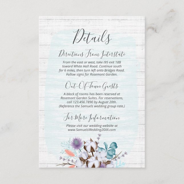 Tarjeta De Recepción Detalle/Direcciones de Boda floral de algodón del  (Anverso)