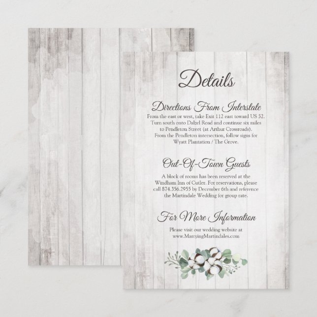 Tarjeta De Recepción Detalle/Direcciones de Bodas Rústicos del Algodón  (Anverso / Reverso)