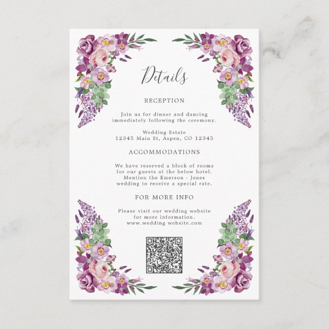 Tarjeta De Recepción Detalle Floral Morado (Anverso)