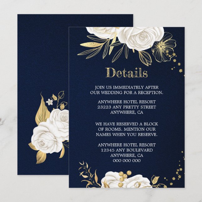 Tarjeta De Recepción detalles azul marino dorado floral blanco (Anverso / Reverso)