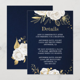 Tarjeta De Recepción detalles azul marino dorado floral blanco
