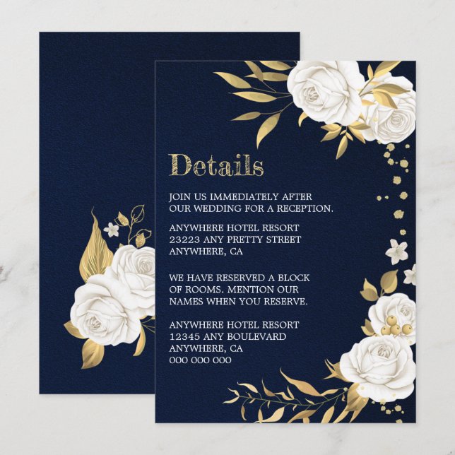 Tarjeta De Recepción detalles azul marino dorado floral blanco (Anverso / Reverso)