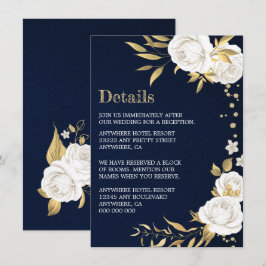Tarjeta De Recepción detalles azul marino dorado floral blanco