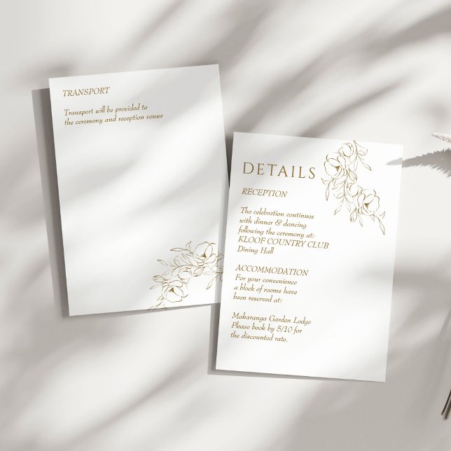 Tarjeta De Recepción detalles boda oro botánico simple elegante (Wedding details botanical gold simple elegant enclosure card wedding invitation suite)