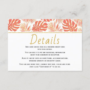 Tarjeta De Recepción Detalles bodas de las hojas tropicales de coral mo
