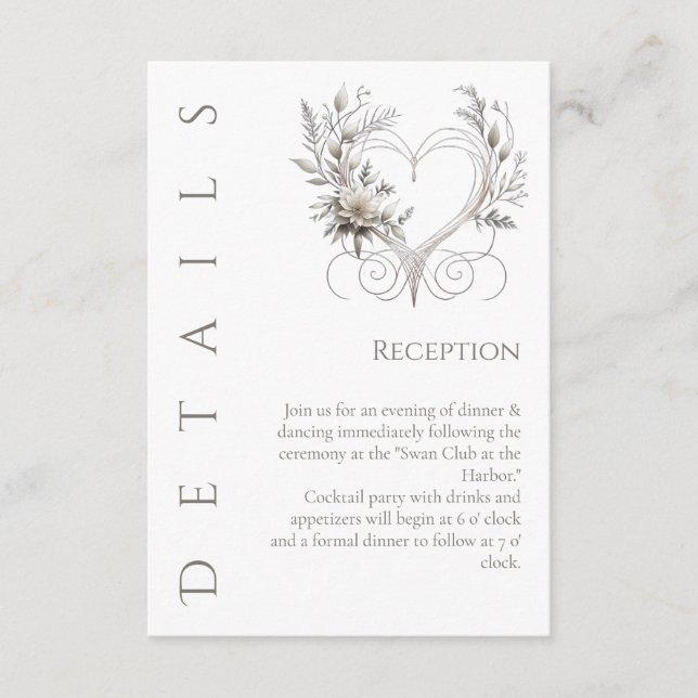 Tarjeta De Recepción Detalles bodas-Flores blancas con corazón (Anverso)