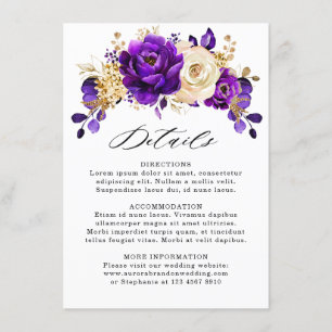 Tarjeta De Recepción Detalles Botánicos de Boda Violeta Dorado Púrpura 