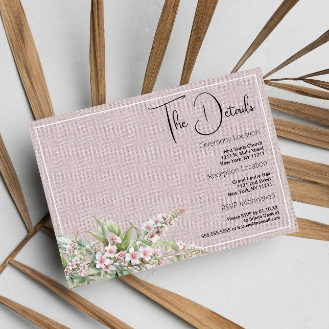 Tarjeta De Recepción Detalles botánicos rústicos de menta rosa floral (Botanical rustic blush pink mint floral Details Enclosure )
