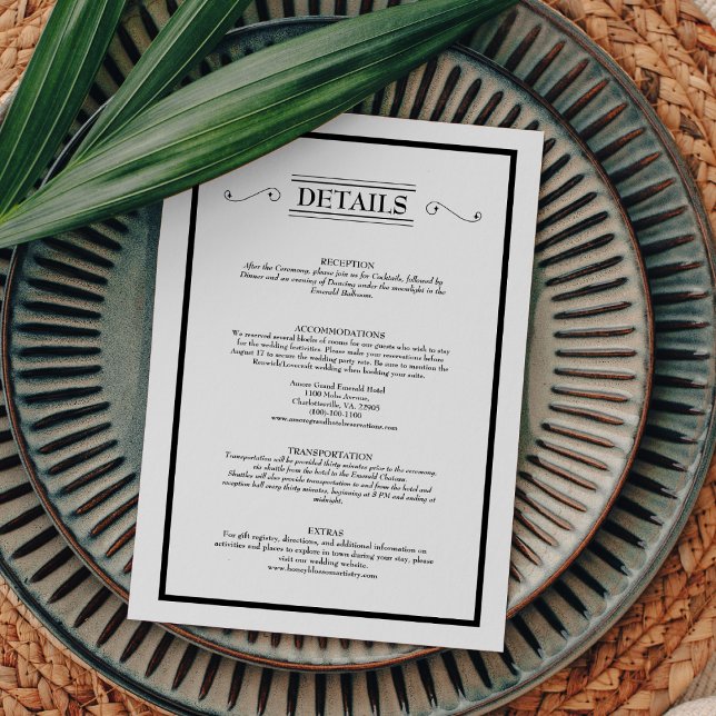 Tarjeta De Recepción Detalles clásicos del Boda blanco negro formal (Subido por el creador)