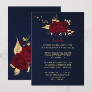 Tarjeta De Recepción detalles color azul marino con flores de oro burde