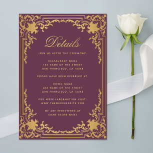 Tarjeta De Recepción Detalles Color Vino Hoja Dorada Falsa Boda Vintage