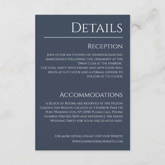 Tarjeta De Recepción Detalles de azul y Boda blanco- (Anverso)