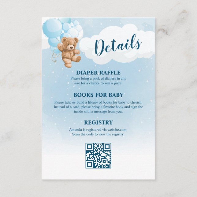 Tarjeta De Recepción Detalles de Baby Shower de Blue Teddy Bear (Anverso)