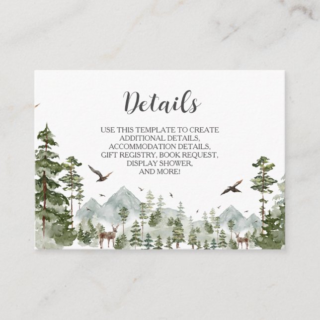 Tarjeta De Recepción Detalles de Baby Shower sobre el bosque de pinos (Anverso)