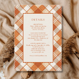 Tarjeta De Recepción Detalles de boda a cuadros gingham naranja desvaíd