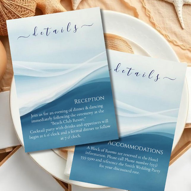 Tarjeta De Recepción Detalles de Boda Abstracta de Playa en Azul Sereno (Serene Blue Abstract Beach Wedding Details Enclosure Card )