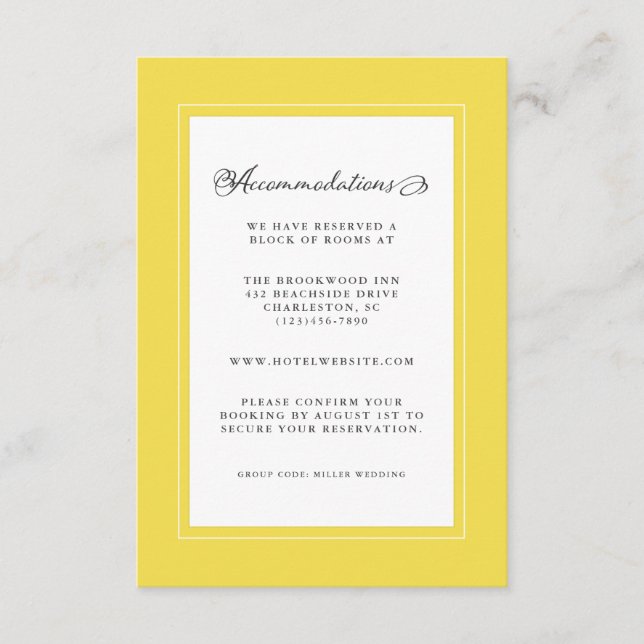 Tarjeta De Recepción Detalles de Boda Amarillo y Blanco Bordes Modernos (Anverso)