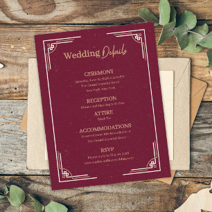 Tarjeta De Recepción Detalles de Boda Art Déco en Oro y Borgoña Informa
