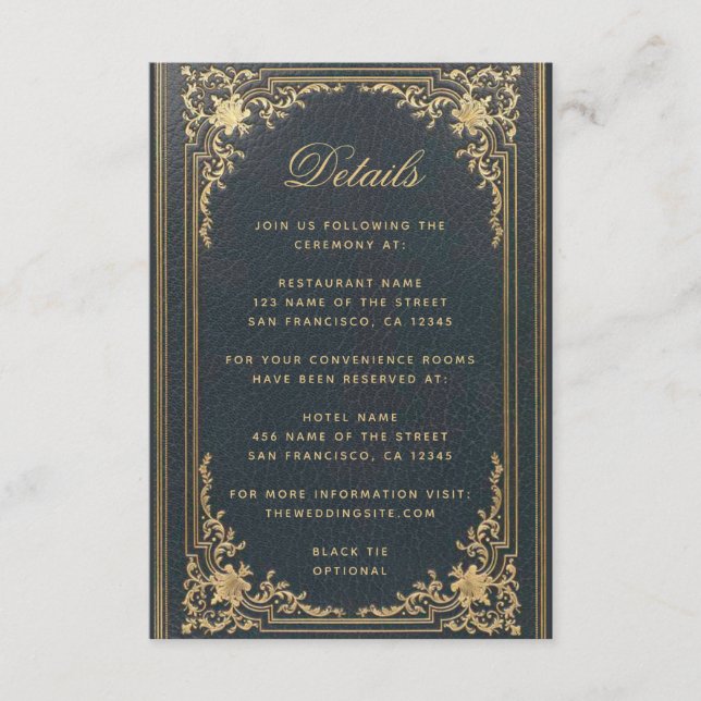 Tarjeta De Recepción Detalles de Boda Azul Elegante - Letra Dorada Vint (Anverso)