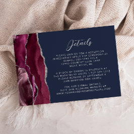 Tarjeta De Recepción Detalles de boda azul marino con ágata plateada de