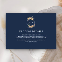 Tarjeta De Recepción Detalles de Boda Azul Marino con Cresta de Flor Si