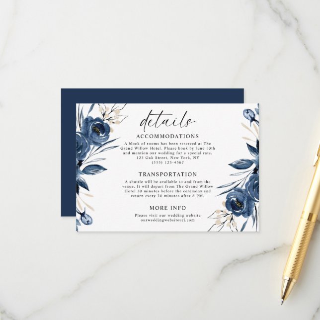 Tarjeta De Recepción Detalles de Boda Azul Marino de Script Moderno Sim (Anverso/Reverso In Situ)
