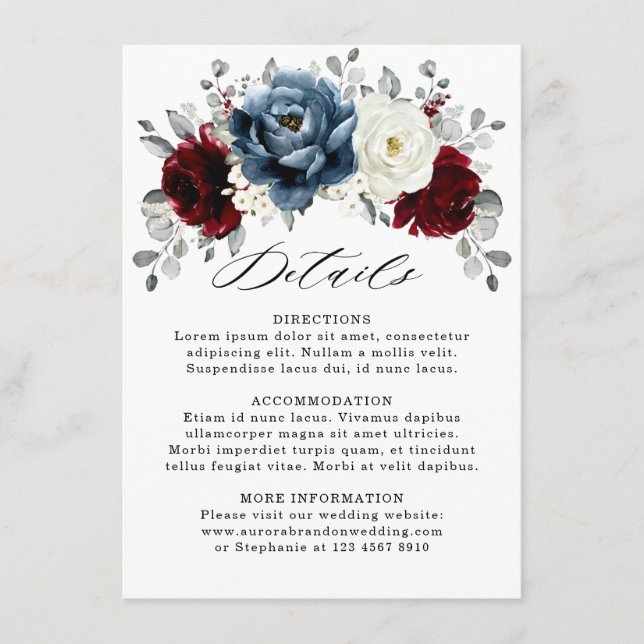 Tarjeta De Recepción Detalles de Boda Azul Pizarra Borgoña Blanco Marfi (Anverso)