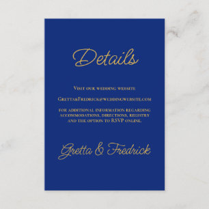 Tarjeta De Recepción Detalles de Boda Azul Real y Dorado