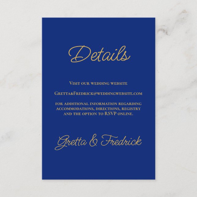 Tarjeta De Recepción Detalles de Boda Azul Real y Dorado (Anverso)