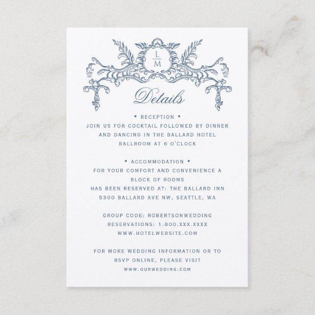 Tarjeta De Recepción Detalles de Boda Barroca Ornamentada Azul Francés (Anverso)