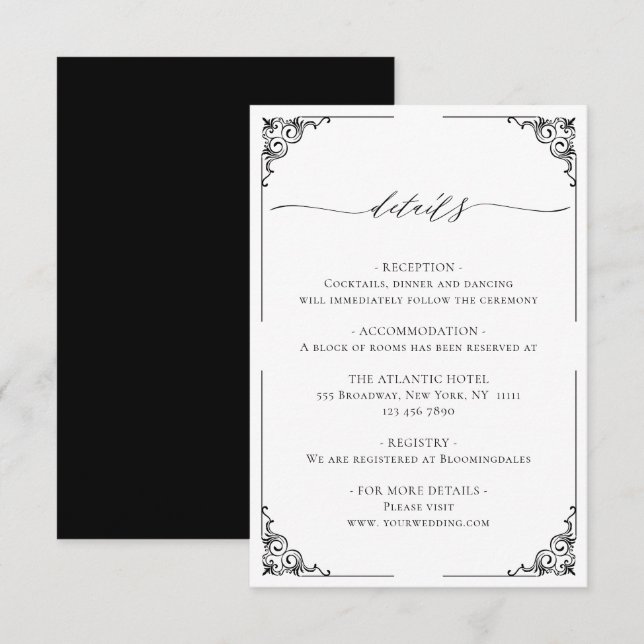 Tarjeta De Recepción Detalles De Boda Blanco Y Negro Sencillo Y Elegant (Anverso / Reverso)