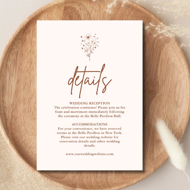 Tarjeta De Recepción Detalles de Boda Boho Naranja Quemada Rústica (Rustic burnt orange boho details enclosure card organizes key info with warm personalized charm)