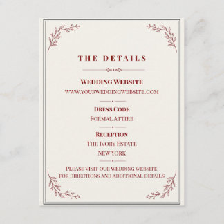Tarjeta De Recepción Detalles de Boda Botánicos Burgundy Elegantes Incl