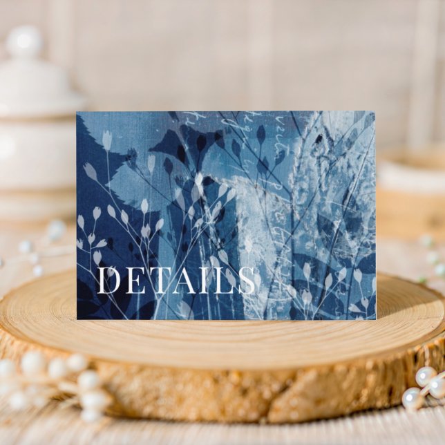 Tarjeta De Recepción Detalles de Boda Botánicos en Azul y Blanco Rústic (Subido por el creador)