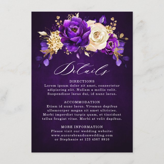 Tarjeta De Recepción Detalles de Boda Botánicos Violeta Dorado Púrpura  (Anverso)