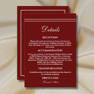 Tarjeta De Recepción Detalles de Boda Burgundy Modernos y Elegantes 