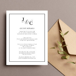 Tarjeta De Recepción Detalles de Boda Caligrafía Negro y Blanco