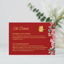 Detalles de boda china floral de oro rojo