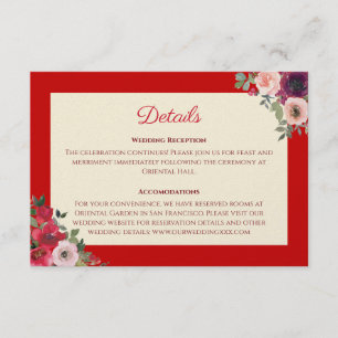 Tarjeta De Recepción detalles de boda china jardín floral rojo púrpura