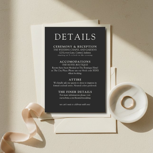 Tarjeta De Recepción Detalles de Boda Clásicos de Carbón Simples (Simple Charcoal Classic Wedding Details Enclosure Card
)