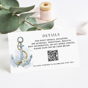 Tarjeta De Recepción Detalles de Boda Código QR Ancla Floral Blanco Azu