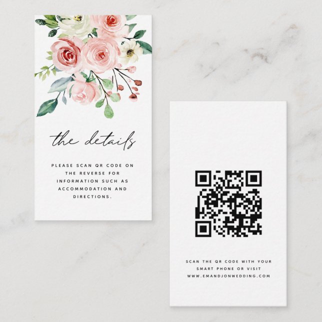 Tarjeta De Recepción Detalles de Boda Código QR Florales Modernos Rosa  (Anverso / Reverso)
