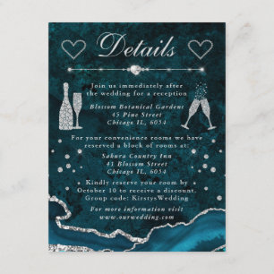 Tarjeta De Recepción Detalles de Boda con Agata Brillante Teal y Plata
