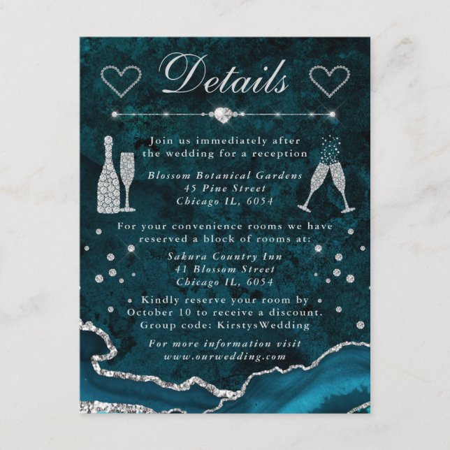 Tarjeta De Recepción Detalles de Boda con Agata Brillante Teal y Plata (Anverso)