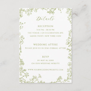 Tarjeta De Recepción Detalles de Boda con Arte de Línea Floral Verde Ol