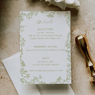 Tarjeta De Recepción Detalles de Boda con Arte de Línea Floral Verde Ol