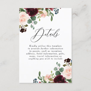Tarjeta De Recepción Detalles de Boda con Besos de Vino Tinto Borgoña R
