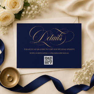 Tarjeta De Recepción Detalles de Boda con Caligrafía Azul Real y Dorado