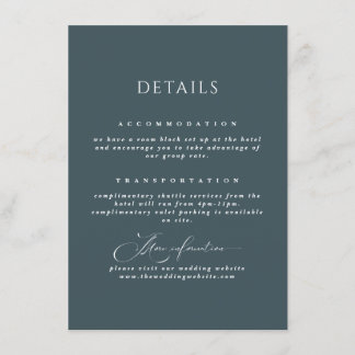 Tarjeta De Recepción Detalles de Boda con Caligrafía Elegante Azul Piza