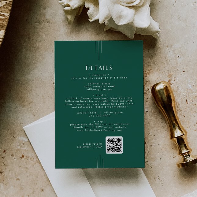 Tarjeta De Recepción Detalles de Boda con Código QR Art Déco Esmeralda  (EVERLY Art Deco Emerald QR Code Wedding Details Enclosure Card)